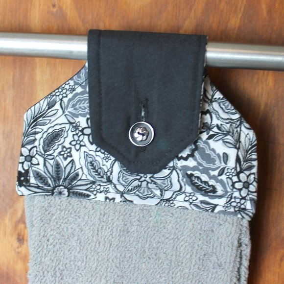 Floral Print Black Gray White Towel Handmade Hanging Kitchen Hand Towel Cotton - Picture 1 of 4